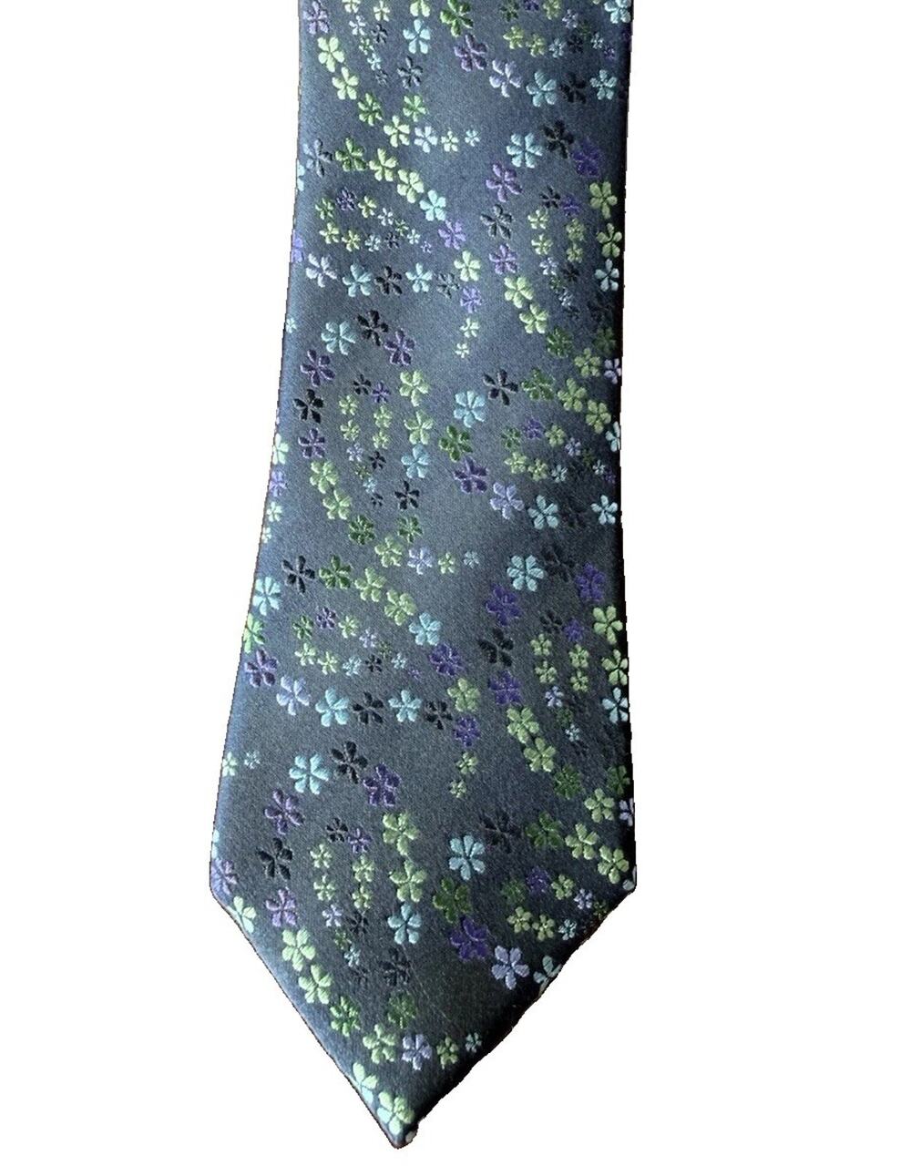 Geoffrey Beene Mens 100% Silk Tie Gray Purple Green Floral Necktie Garden